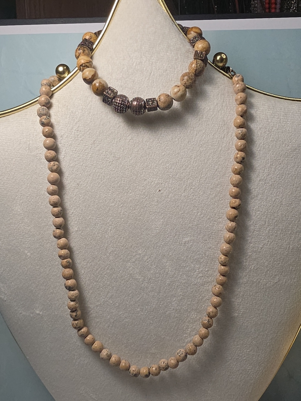 Neutral Beige Picture Jasper Bead Necklace And Bracelet Set with Accent Beads